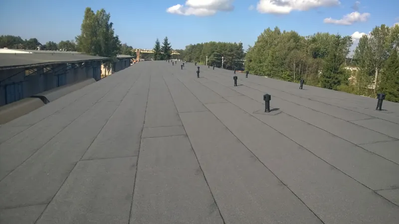Ilgas bituminės dangos stogas su ritinių sandūromis ir keliomis vėdinimo kaminėlių eilėmis